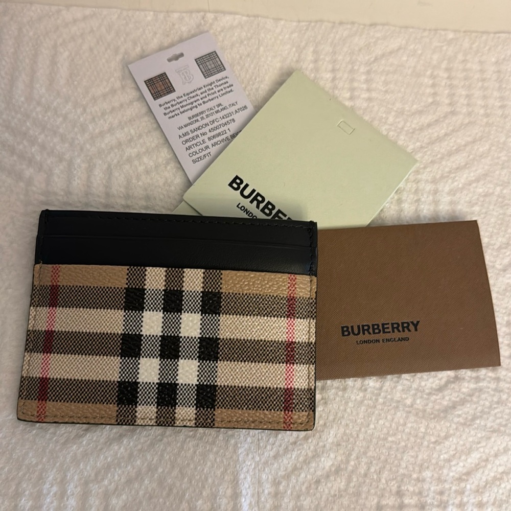 Burberry Sandon Tan Canvas Check Printed Leather Slim Card Case Wallet